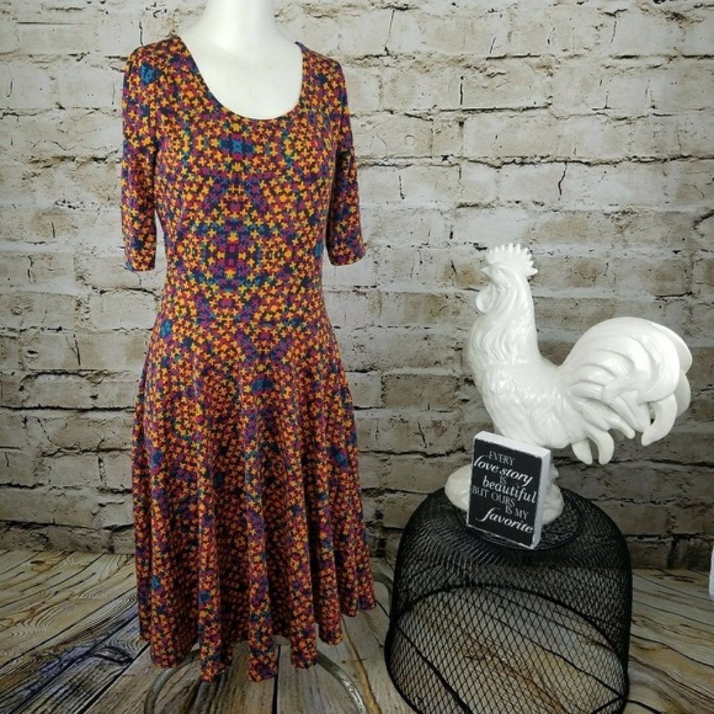 Lularoe Nicole Dress Midi Fit Flare Boho Tribal Geometric Elbow Sleeve Neutral S